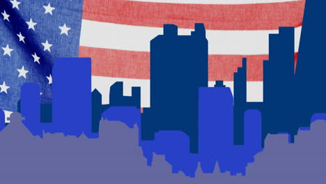 animation of blue cityscape,moving over waving american flag