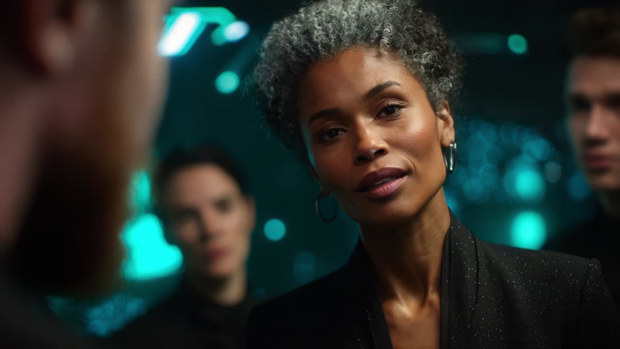 A moment of intense dialogue unfolds in a dimly lit futuristic environment, showcasing a group of individuals engaged in a serious exchange where emotions run high and tension is palpable among the participants