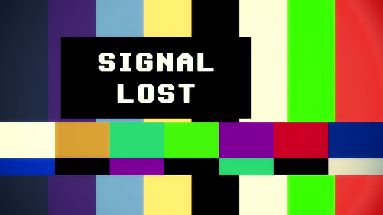 검은 상자, 텍스트 신호가 손실, 화면의 다른 장소에서 나타나는, 다채로운 tv 테스트 패턴