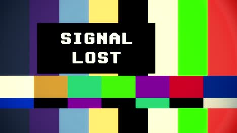 A-black-box,-with-the-text-Signal-Lost,-appearing-in-different-places-of-the-screen,-over-a-colorful-tv-test-pattern