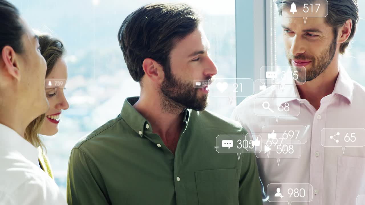 Team clustering around tablet, tapping activating bubbles growing into metrics for marketing review