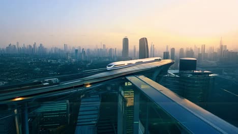 futuristic high-speed train in a modern city