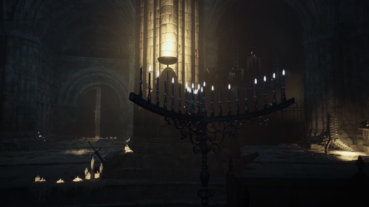 Mysterious candlelit interior of an ancient abandoned structure at night