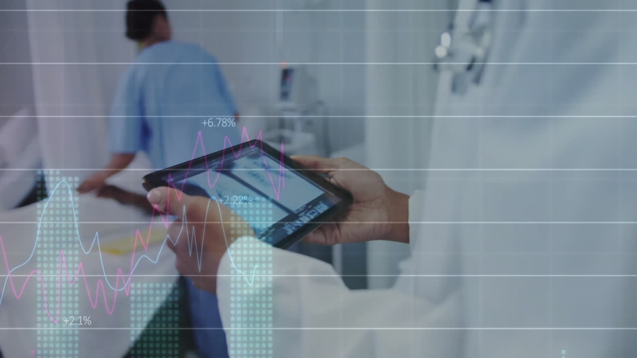 Using tablet, healthcare professional analyzing financial data graphs with animation