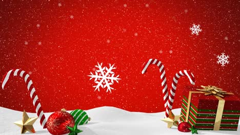 Animation-of-snow-falling-and-christmas-present-on-red-background