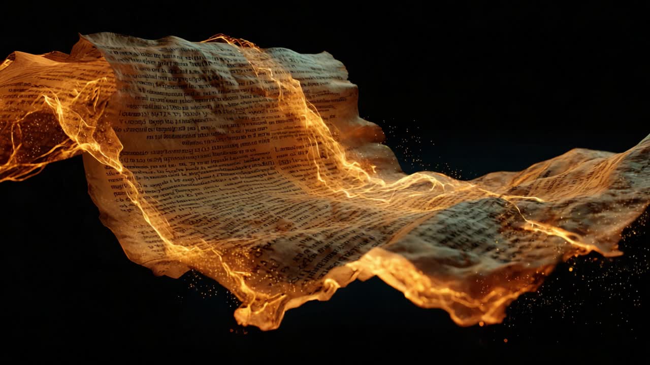 Ancient parchment with latin text floating and moving slowly on a black background. Mystical golden energy and glowing particles surround the antique papyrus, revealing a forgotten story or secret