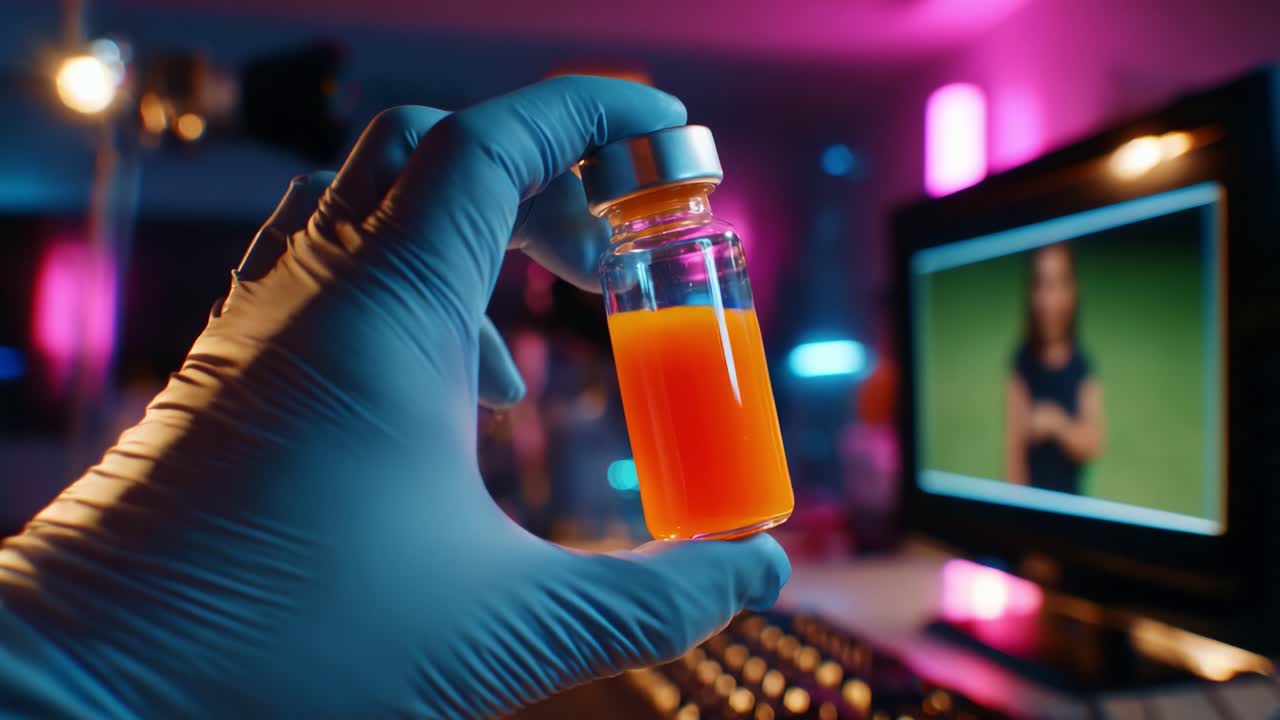 A Hand in a Glove Holding a Bright Orange Vial in a Dimly Lit Room Filled with Colorful Lights and a Computer Screen Displaying Video Content in the Background