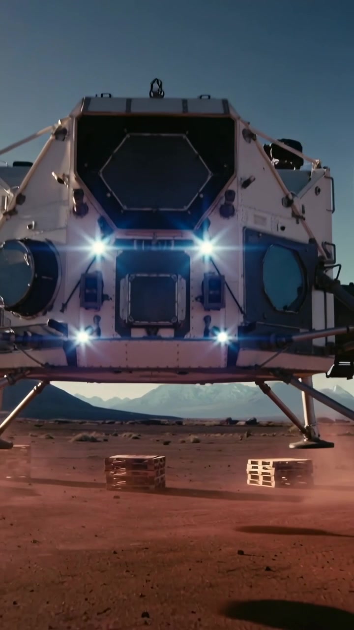 Video verticale: Propulsori in azione, lander che atterra su una pianura rossa con luci, casse per l'atterraggio