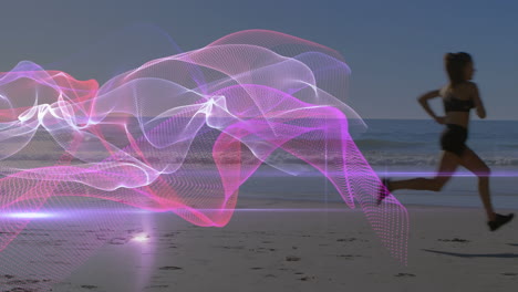 animation of colorful shapes over caucasian woman running on beach