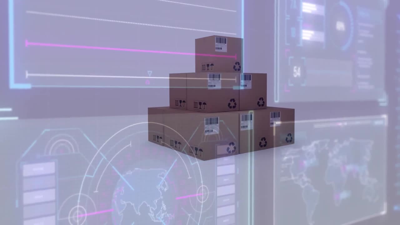 animación del procesamiento de datos en pantallas sobre una pila de cajas de cartón