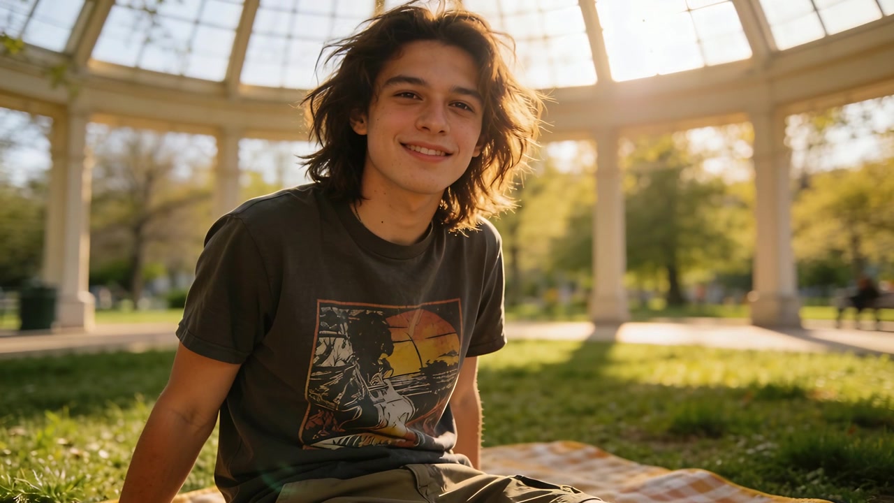 Un adolescente appoggiato risponde alla fotocamera, avvicinandosi su una coperta sotto un padiglione a cupola, in maglietta e pantaloncini.