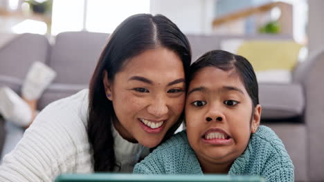funny face, selfie and girl with mother on floor