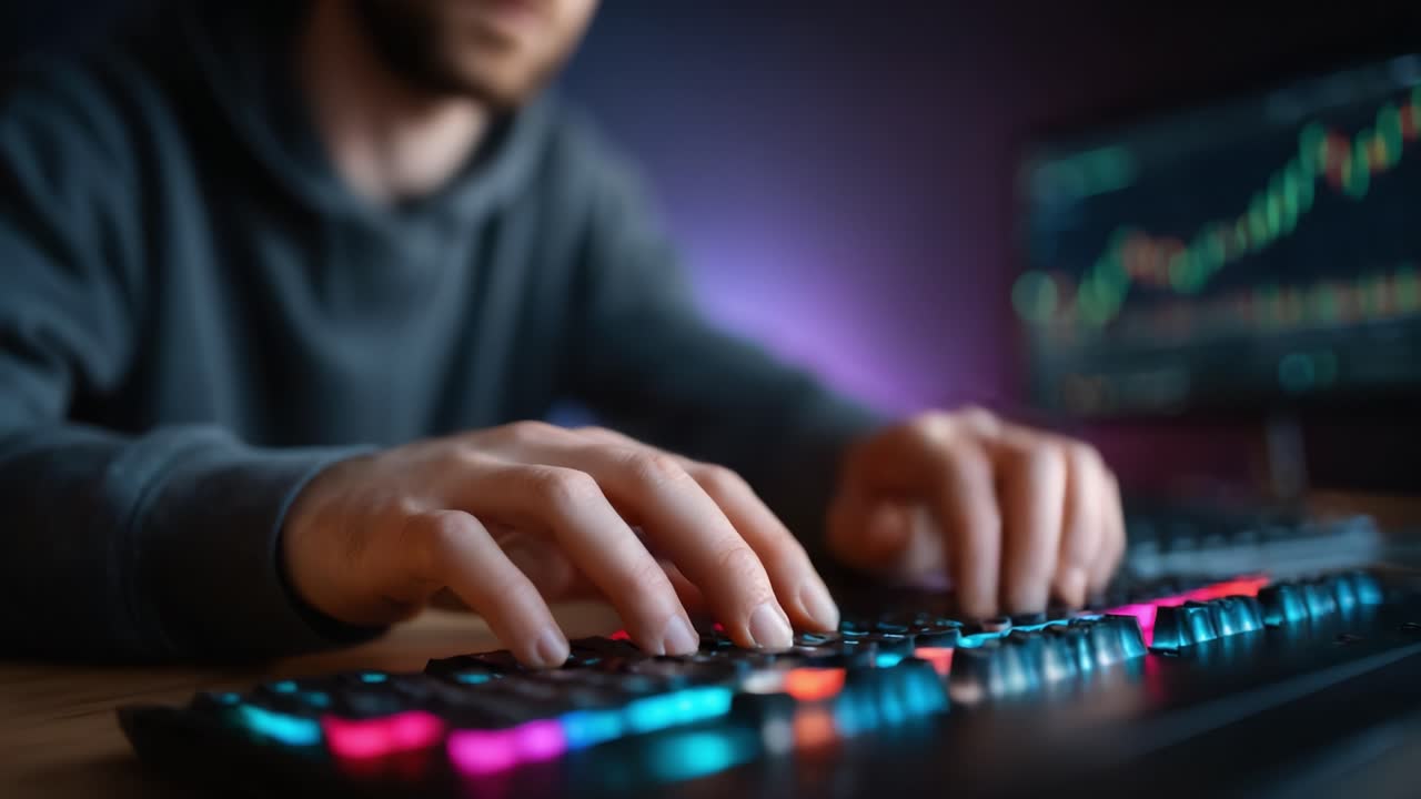 A focused individual skillfully navigates a colorful keyboard, illustrating intense concentration and engagement during a digital trading or gaming session enhanced by vibrant lighting