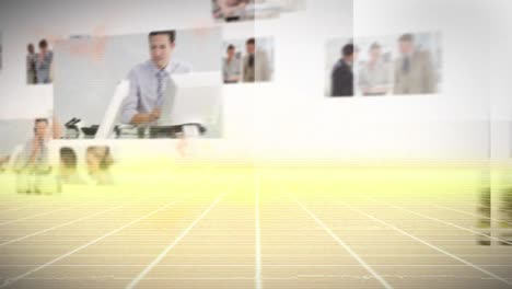 Animation-of-combination-screens-with-yellow-light-trails-over-business-people-in-office