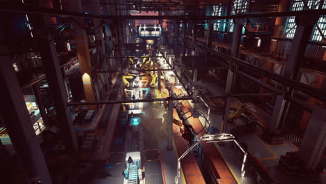 a futuristic factory with robotic arms