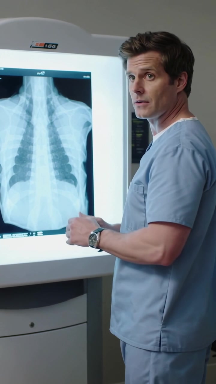 Vertical video: Placing hands, tech in scrubs pointing explaining chest xray at viewer, copy space