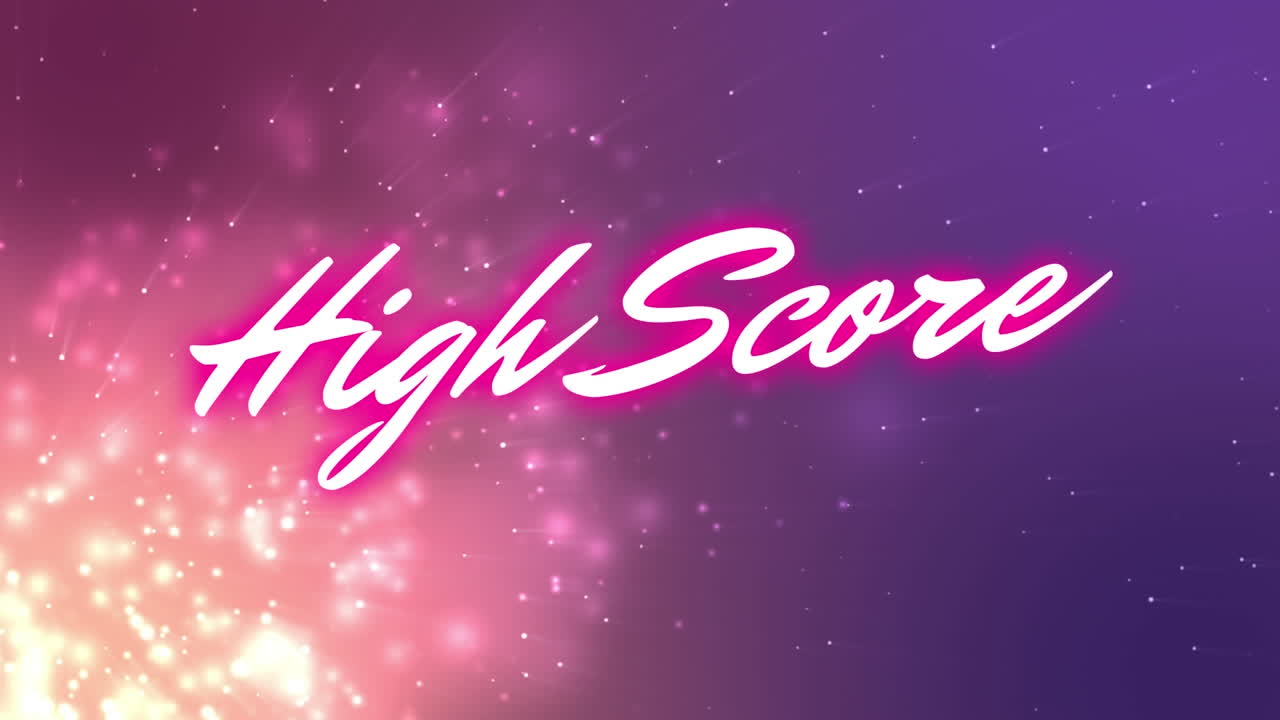 animación del texto de puntaje alto en letras blancas sobre puntos brillantes en un fondo de color rosa a púrpura