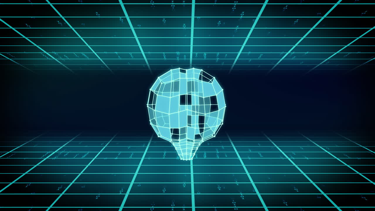 Animation of blue cuboid brain rotating over blue grid and light trails on dark blue background