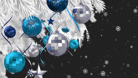 Animation-of-christmas-tree-with-baubles-and-decorations-over-snow-falling-on-black-background