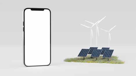smart phone near solar panels and wind turbines. 3d animation