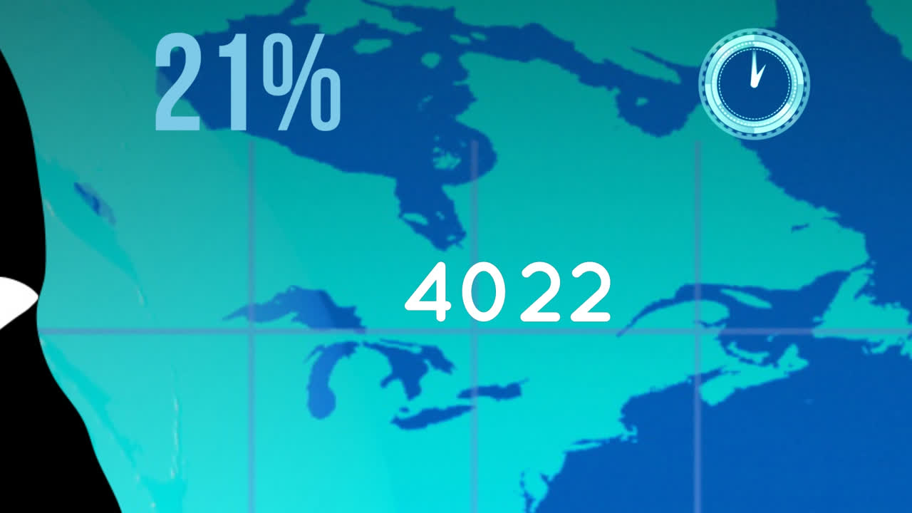 세계 지도 위에서 변화하는 숫자와 시계의 애니메이션