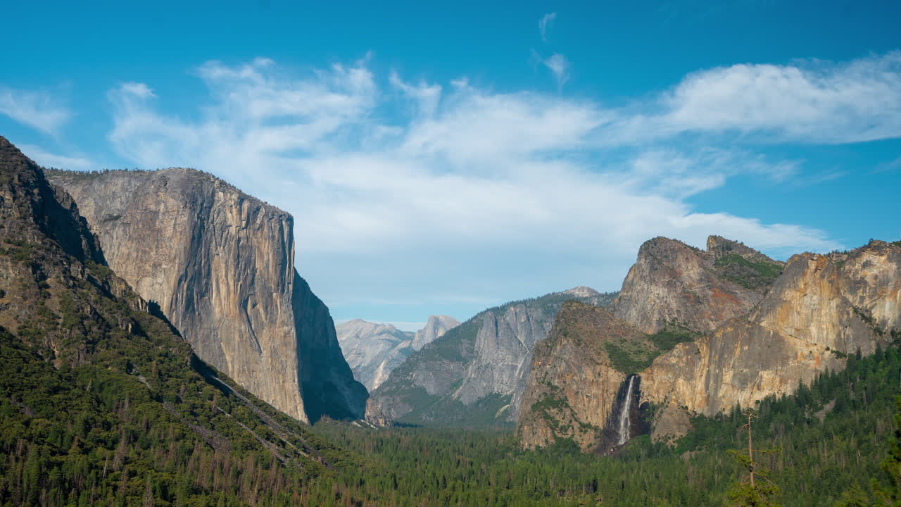 Time Lapse of Clouds Above Yosemite Tunnel View With Bridalveil Falls and El Capitan Peak of National Park, California USA