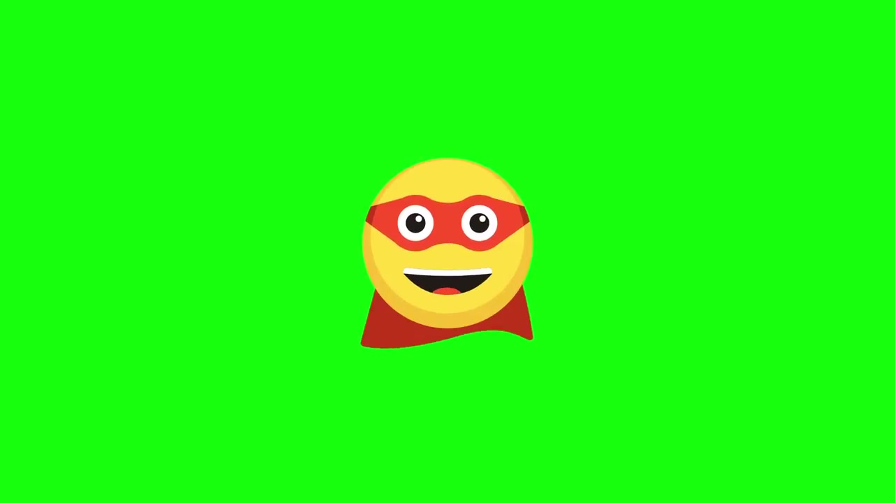 Emoji animata di supereroe con maschera rossa e mantello su schermo verde