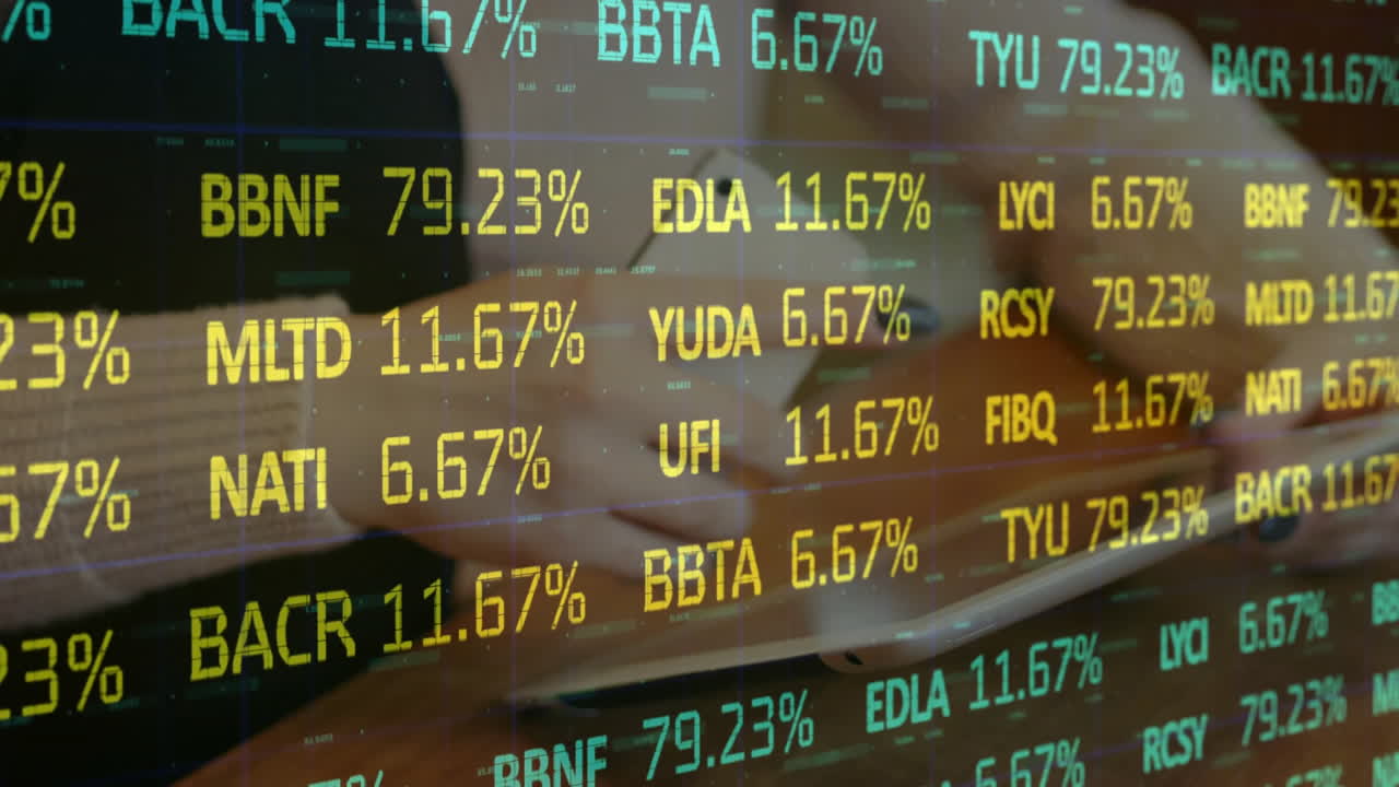 Animazione di dati del mercato azionario su persona che usa il laptop