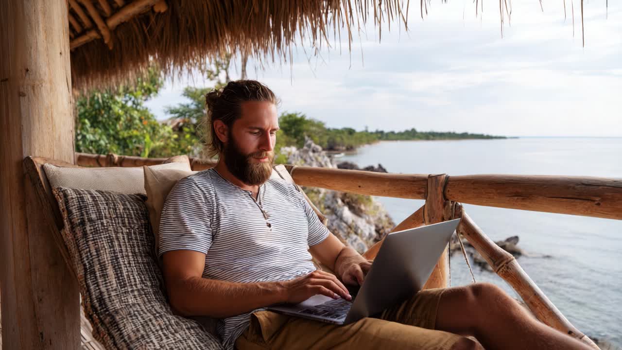 Una persona concentrata che lavora su un laptop in un sereno ambiente marino, circondata dalla natura, che cattura la produttività in mezzo alla tranquillità e al relax