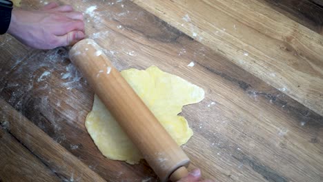 man's hand streatching, rolling dough with rolling pin on a kitchen counter