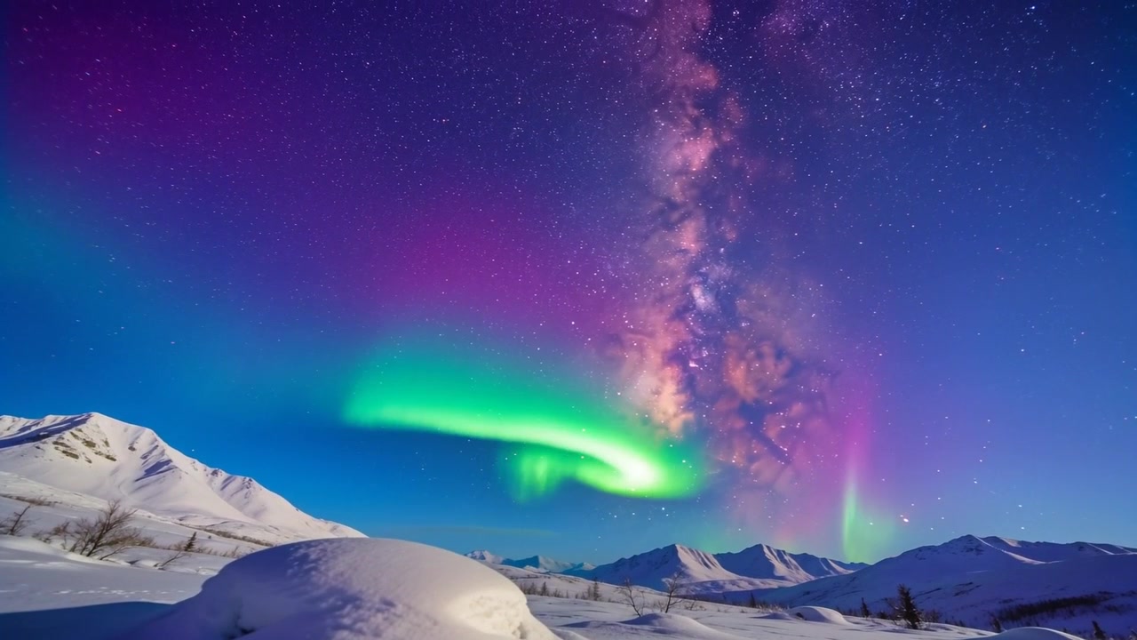 Un'aurora verde e magenta si forma e si estende su una valle alpina innevata, con la Via Lattea in verticale.
