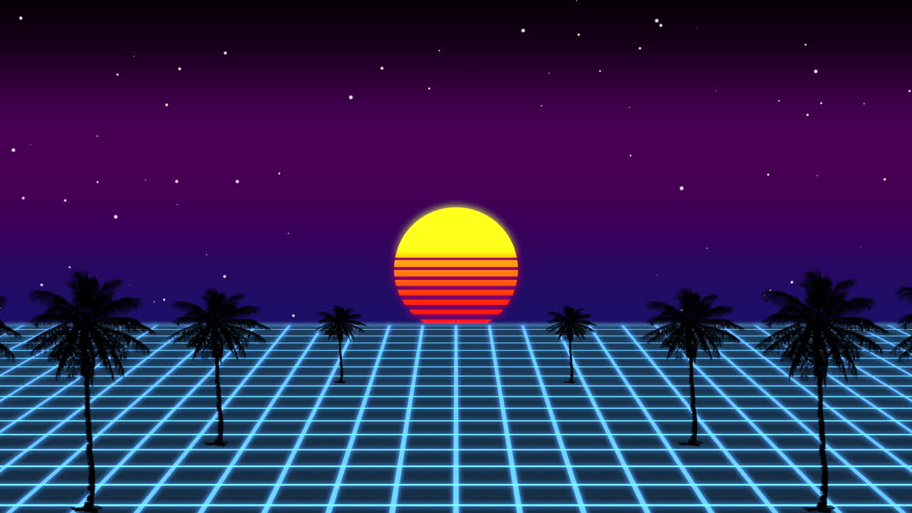 Bright and bold sunset retro 80's vibes with palm trees