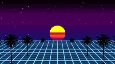 Bright-and-bold-sunset-retro-80's-vibes-with-palm-trees