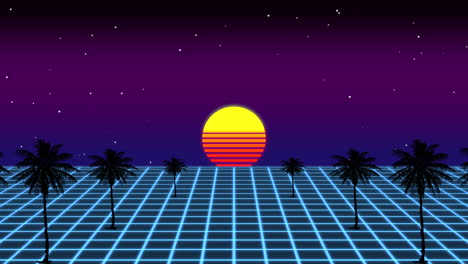 Bright and bold sunset retro 80&#039;s vibes with palm trees