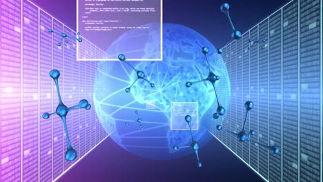 Animation-of-data-processing,-globe,-molecules-and-connections-over-computer-servers