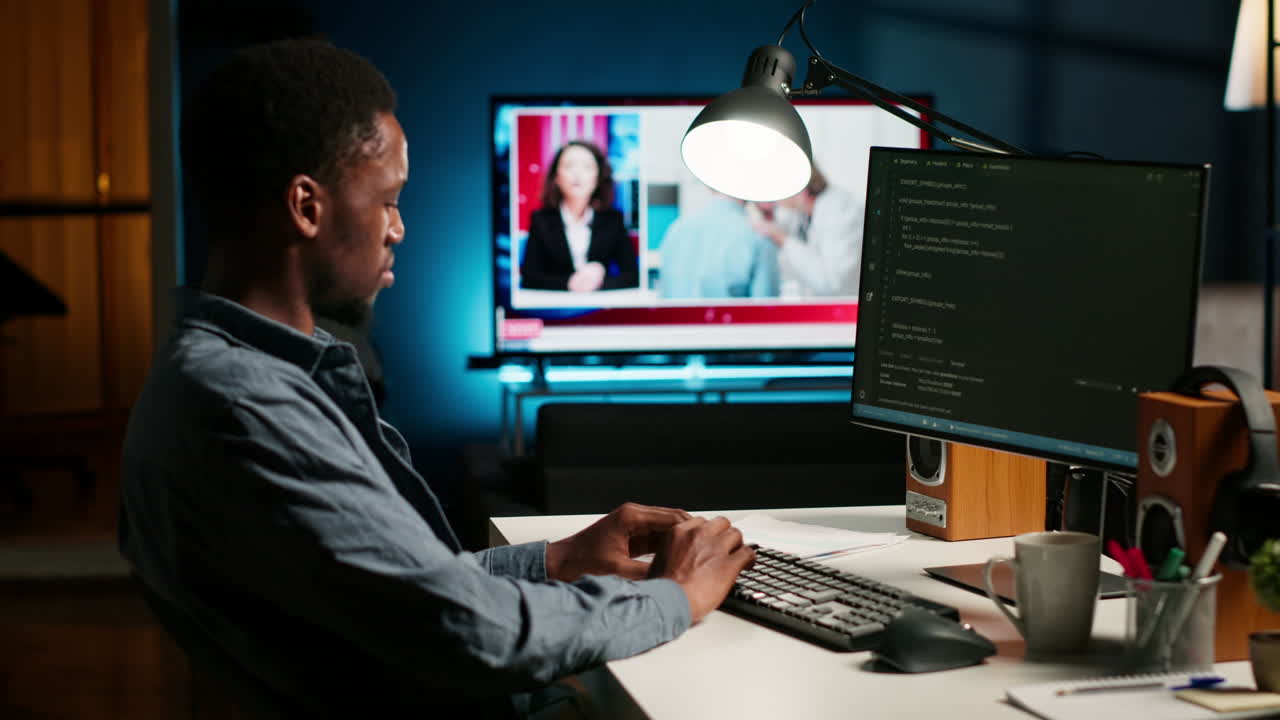Developer enters binary data on terminal panel while he establishes html code