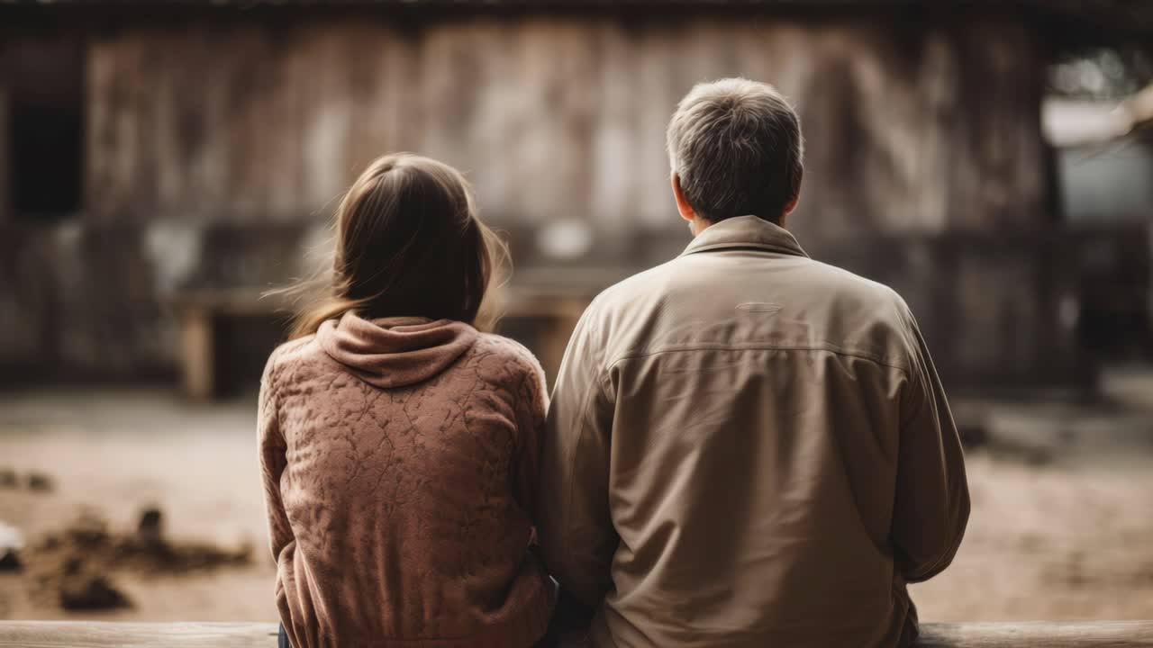 Two farmers sitting together, reflecting on their weathered barn and contemplating the future of their farm, embodying the spirit of partnership and dedication in rural life