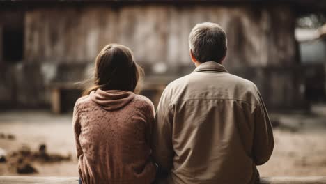 two farmers sitting together, reflecting on their weathered barn and contemplating the future of their farm, embodying the spirit of partnership and dedication in rural life
