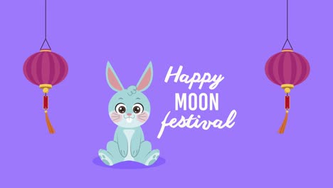 feliz festival de la luna letras con conejo y linternas