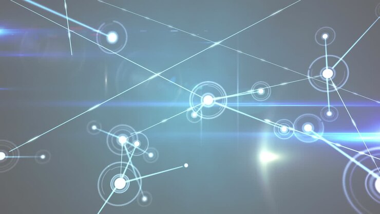 Animazione digitale di una rete di connessioni luminose su sfondo grigio