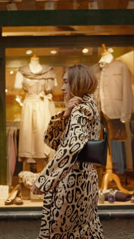 woman in a leopard print coat walking by a shop window
