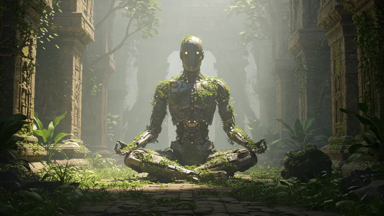A Tranquil Robot Meditating in Overgrown Ruins, Surrounded by Lush Greenery and Mystical Light, Merging Technology and Nature in a Serene Landscape