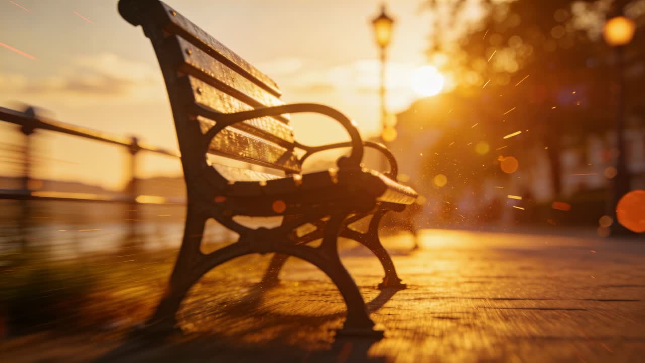 Die Kamera schwenkt auf eine leere Metallbank an der Uferpromenade; die Sonne nähert sich dem Horizont und zeigt schwebende Partikel.