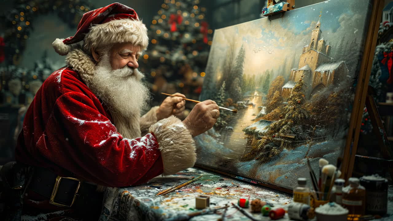 Santa painting a winter landscape scene. Santa creates a winter scene at his cozy workshop, filled with Christmas decorations and a peaceful vibe