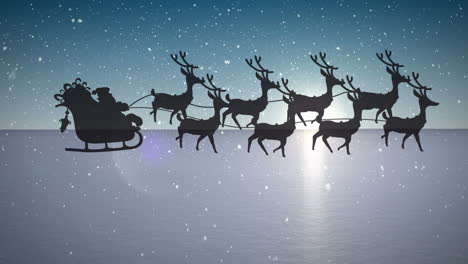 animación de nieve cayendo sobre santa claus en trineo con renos y paisaje de invierno