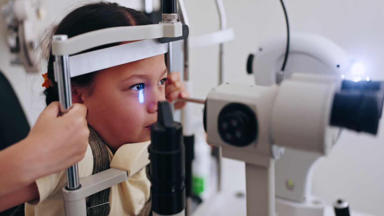 Optician, child and eye test for eyeglasses