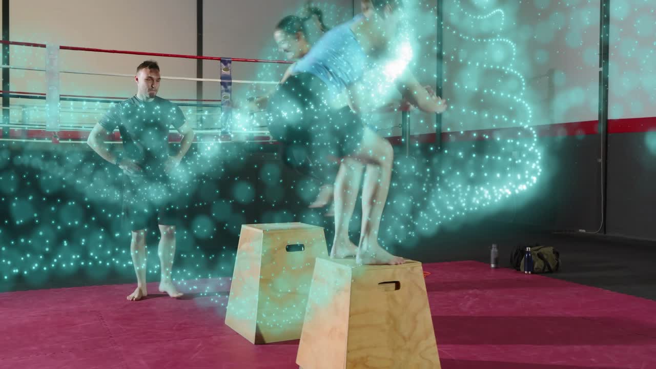 Two women starting plank alternating box jumps for fitness coach observing teal overlay on them