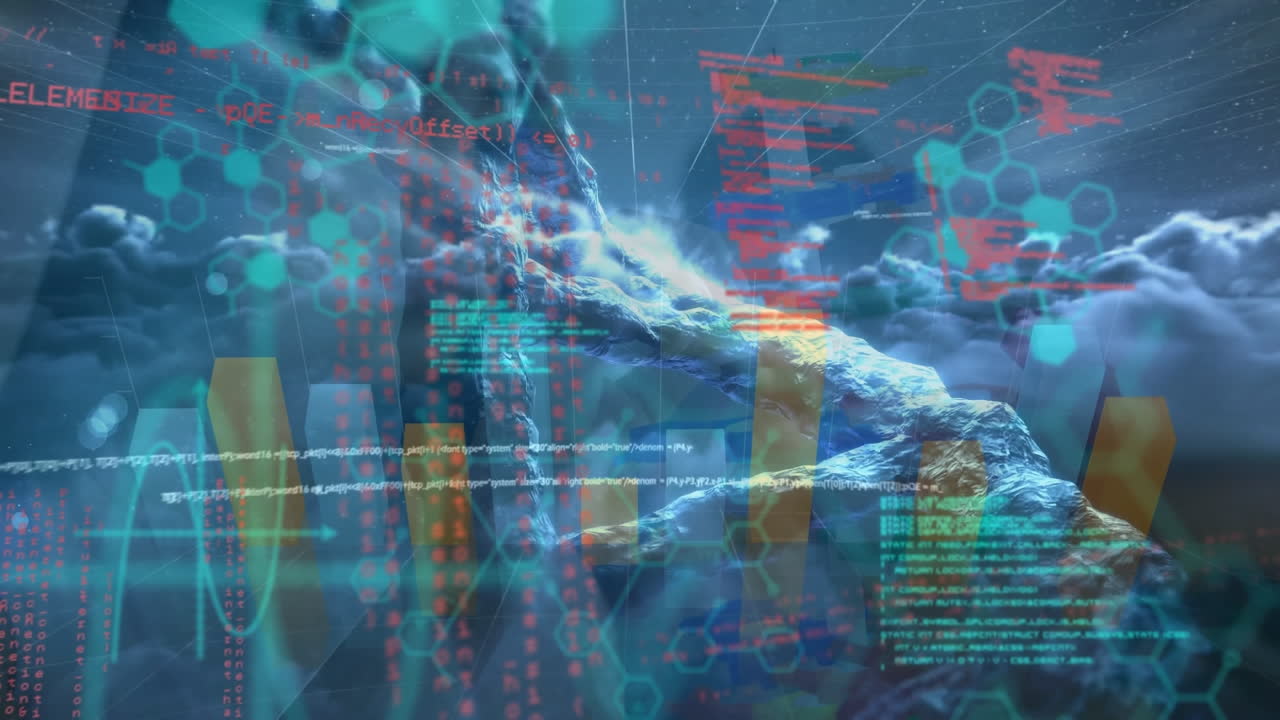 animación del procesamiento de datos médicos y gráficos sobre nubes oscuras en el cielo