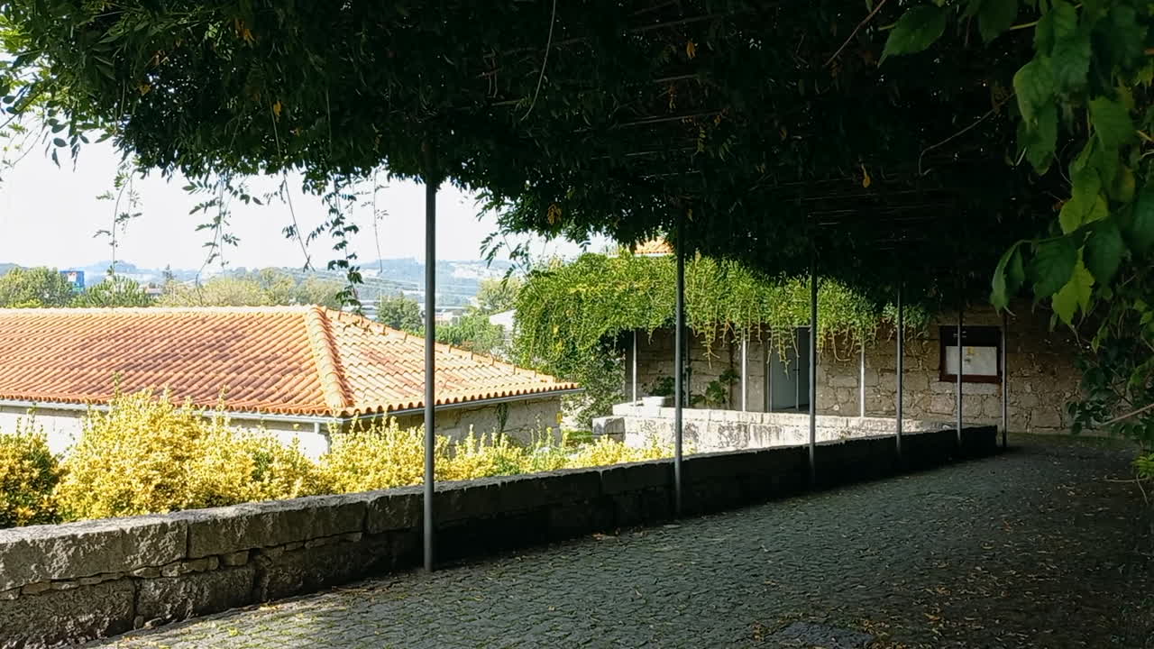 una pérgola de hierro cubierta de plantas verdes crea una gran sombra, contrastando con el sol que ilumina el techo de una casa de piedra