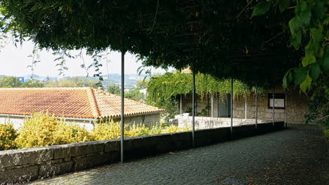 Eine-Eiserne-Pergola,-Die-Mit-Grünpflanzen-Bedeckt-Ist,-Schafft-Einen-Großartigen-Schatten-Und-Kontrastiert-Mit-Der-Sonne,-Die-Ein-Dach-Eines-Steinhauses-Beleuchtet